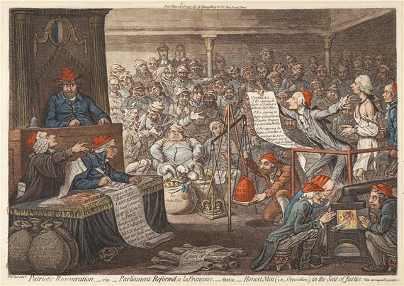 Patriotic Regeneration,-viz.-Parliament Reform'd, a la Françoise, -that is-Honest Men (I.E.-Opposition.) In the Seat of Justice (BM 8624) by James Gillray, 1795