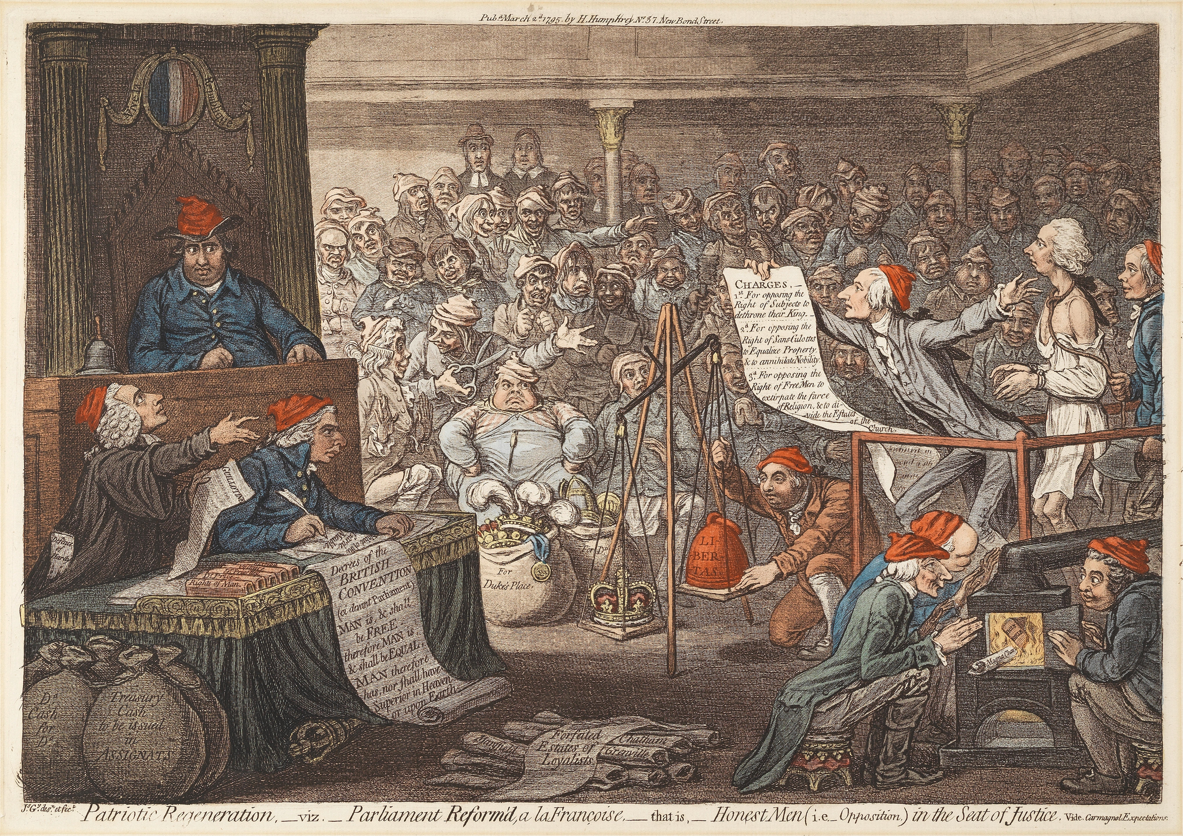 Artwork by James Gillray, Patriotic Regeneration,-viz.-Parliament Reform'd, a la Françoise, -that is-Honest Men (I.E.-Opposition.) In the Seat of Justice (BM 8624), Made of Etching with hand colouring