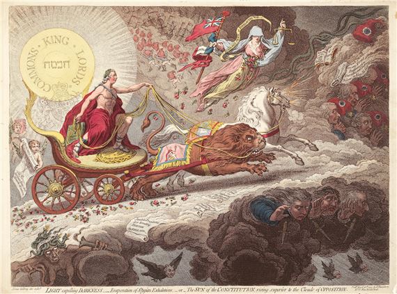 Light Expelling Darkness, - Evaporation of Stygian Exhalations,-or- The Sun of the Constitution, rising superior to the Clouds of Opposition (BM 8644) by James Gillray, 1795
