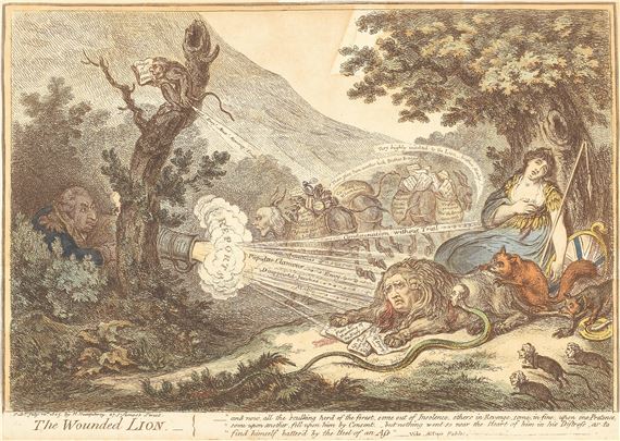 St. George and the Dragon; The Wounded Lion (BM 10424; BM 10421) by James Gillray, 1805