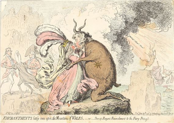 Enchantments Lately Seen upon the Mountains of Wales, -or- Shon-ap-Morgan's Reconcilement to the Fairy Princess; The Esplanade; The Loss of the Faro Bank; -or the Rook's Pigeon'd (BM 8818; BM 9019; BM 9078) by James Gillray, 1796