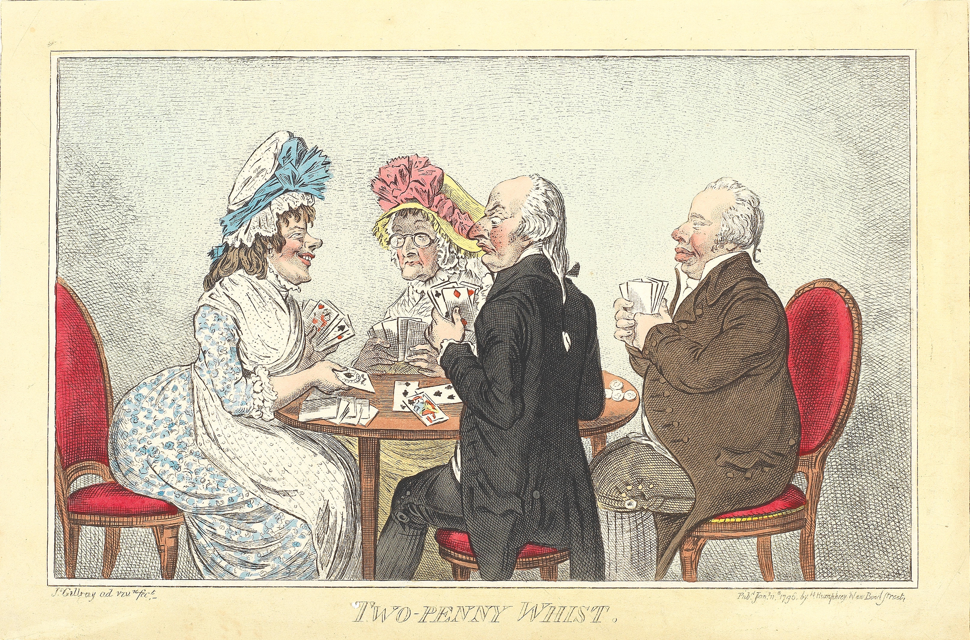 Artwork by James Gillray, Two Penny Whist (BM 8885), Made of Etching with hand colouring