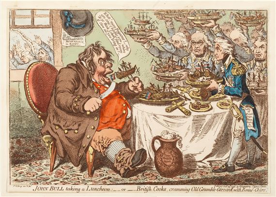 John Bull taking a Luncheon: -or- British Cooks, cramming Old Grumble-Gizzard, with Bonne-Chére (BM 9257)