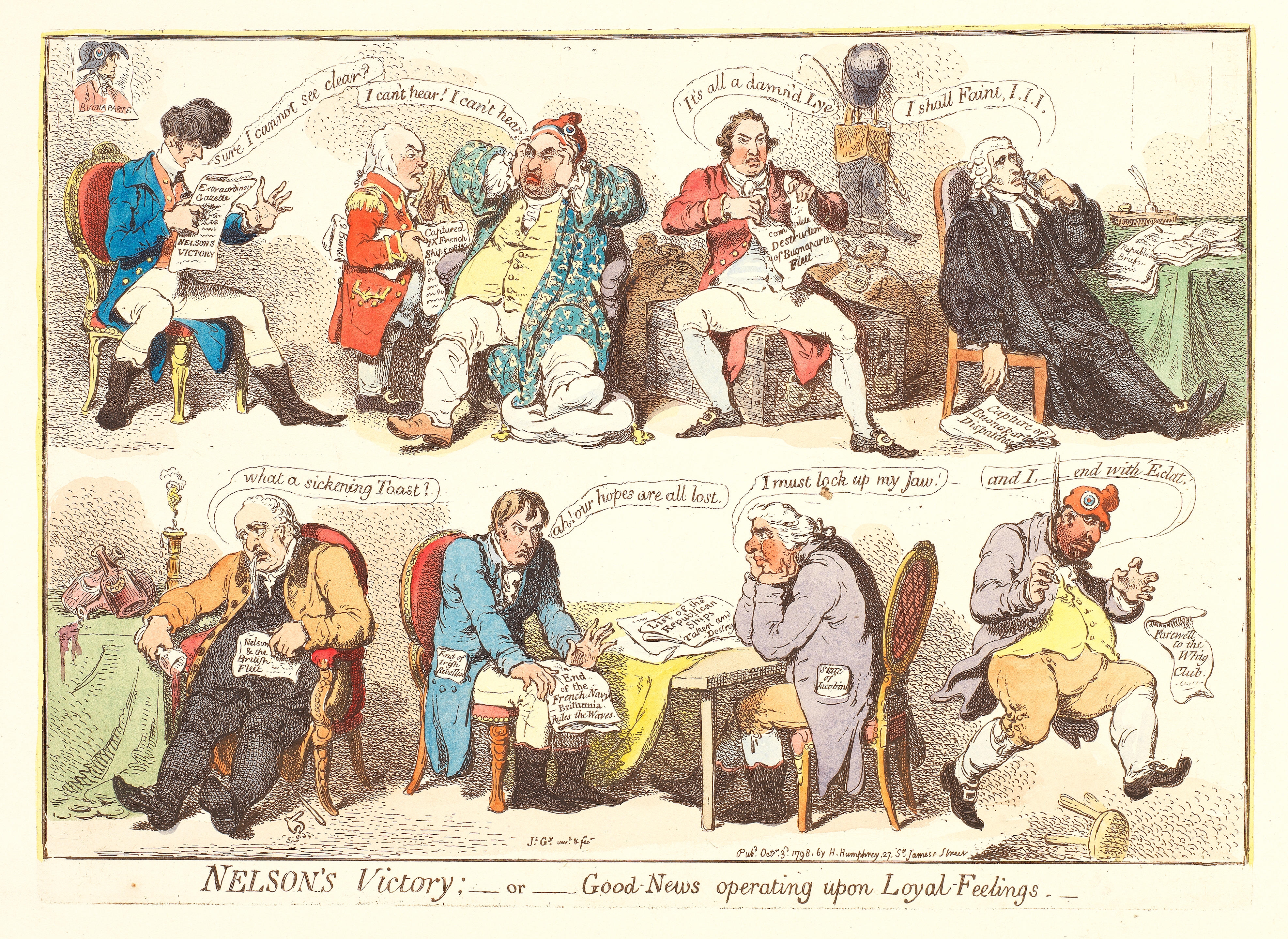 Artwork by James Gillray, Nelson's Victory-or-Good-News operating upon Loyal-Feelings.- (BM 9248), Made of Etching with hand colouring