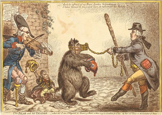 A Bear and his Leader; Fortune-Hunting; Pandora Opening Her Box (BM 10566; BM 10301; BM 11219) by James Gillray, 1806