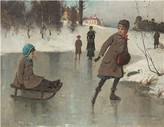 Lek på isen ved Bogstad Gård - Axel Ender