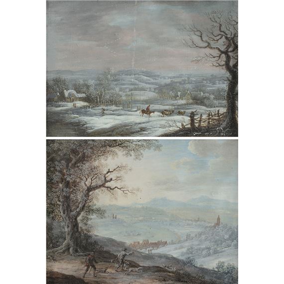 TWO WORKS: CHASSEUR A L’ABORD D’UN VILLAGE; LA RENTREE D’UN TROUPEAU SOUS LA NEIGE by German School, 18th Century