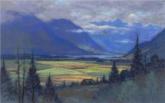 FOOTHILLS FARMLAND AND MOUNTAIN LANDSCAPE by Roland Gissing