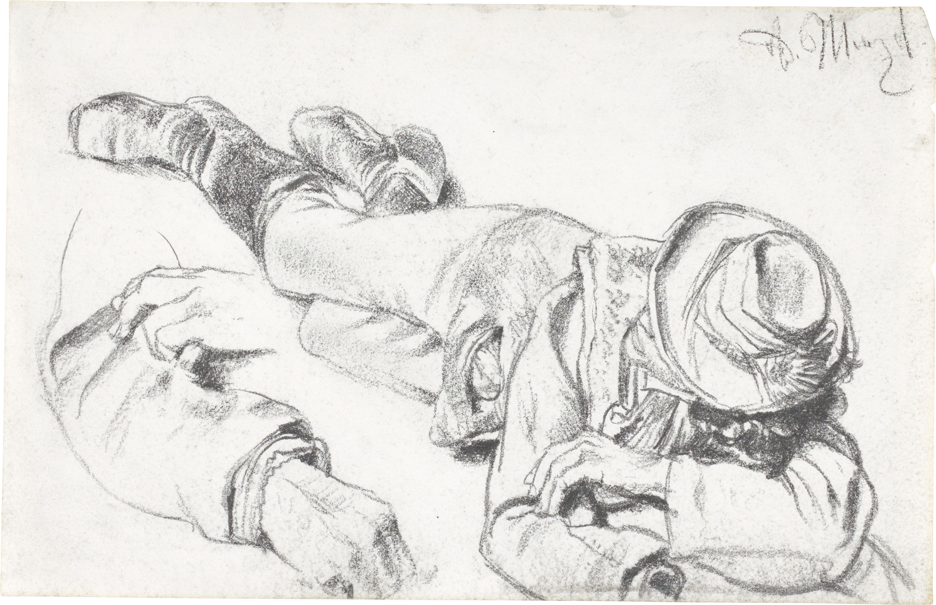 Artwork by Adolph von Menzel, Lying farmer (with arm and hand study), Made of Pencil on paper (from a sketch book)