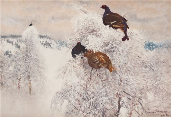 "Orrar i vinterlandskap" (Winter landscape with black grouse) by Bruno Liljefors, dated 1912