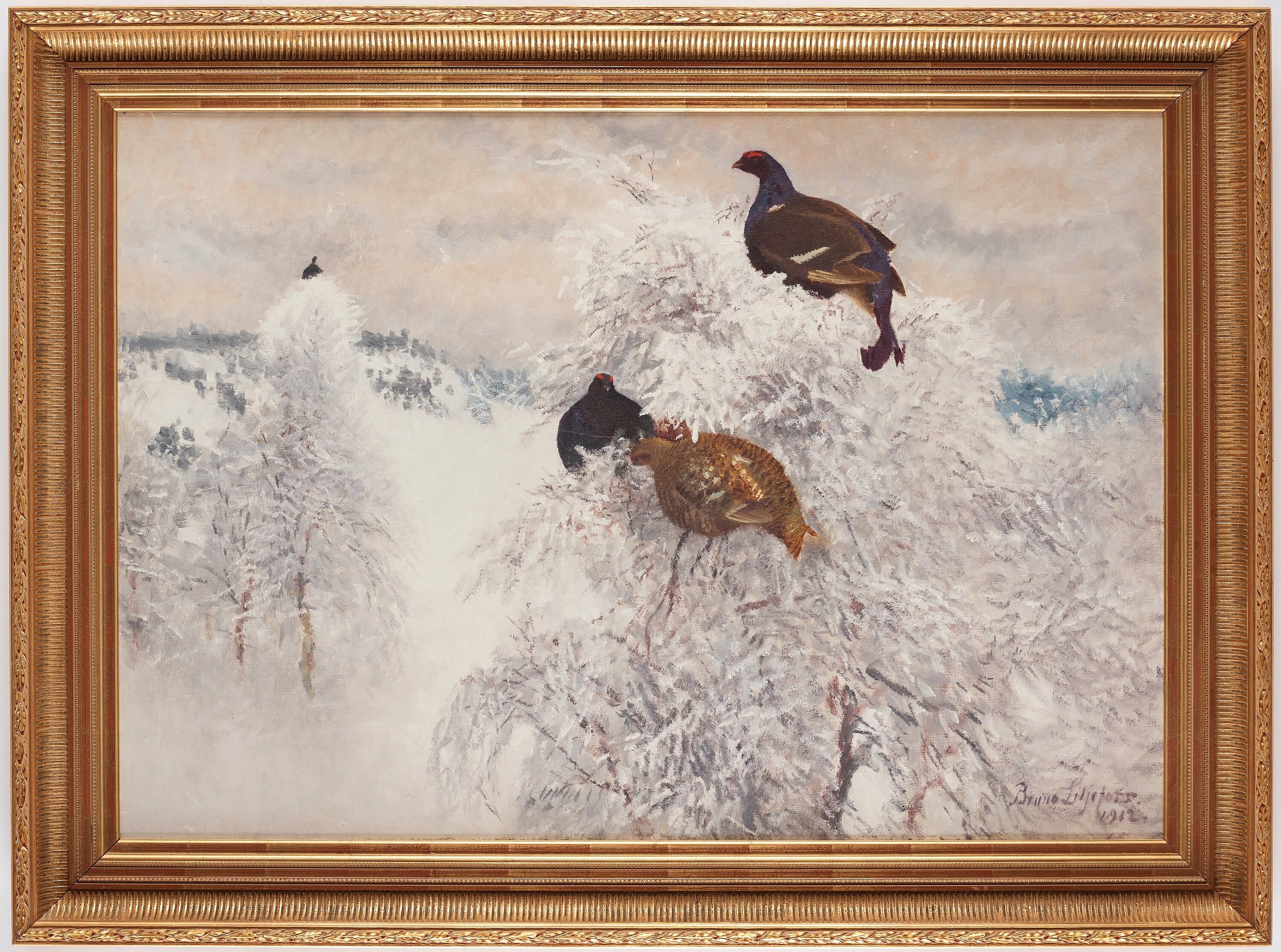 Artwork by Bruno Liljefors, "Orrar i vinterlandskap" (Winter landscape with black grouse), Made of Oil on canvas