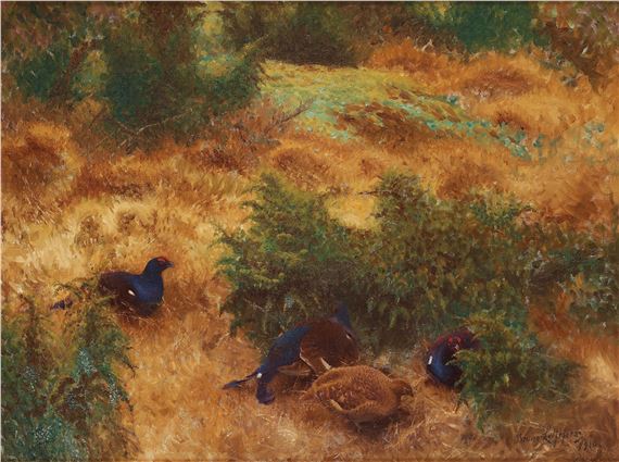 Autumn landscape with black grouse by Bruno Liljefors, dated 1910
