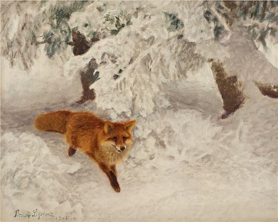 Winter landscape with fox by Bruno Liljefors, dated 1905