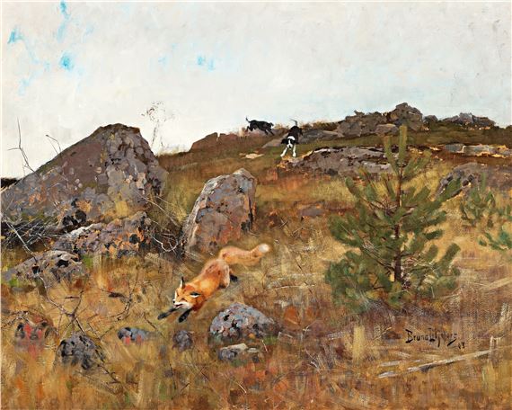 "Stövare jagande räv i höstlandskap" ("Fox Chased by Hounds")