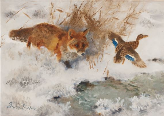Winter landscape with fox and mallard by Bruno Liljefors