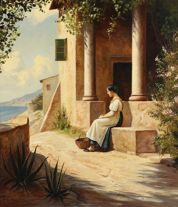 A view of an Italian coast with a young woman sitting in front of a loggia by Niels Walseth