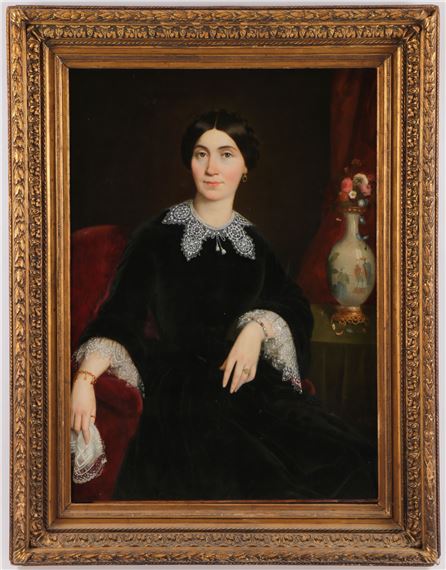 Portrait of a Beautiful Woman next to a Chinese Porcelain Vase with Flowers by Ferdinand Birotheau, 1850
