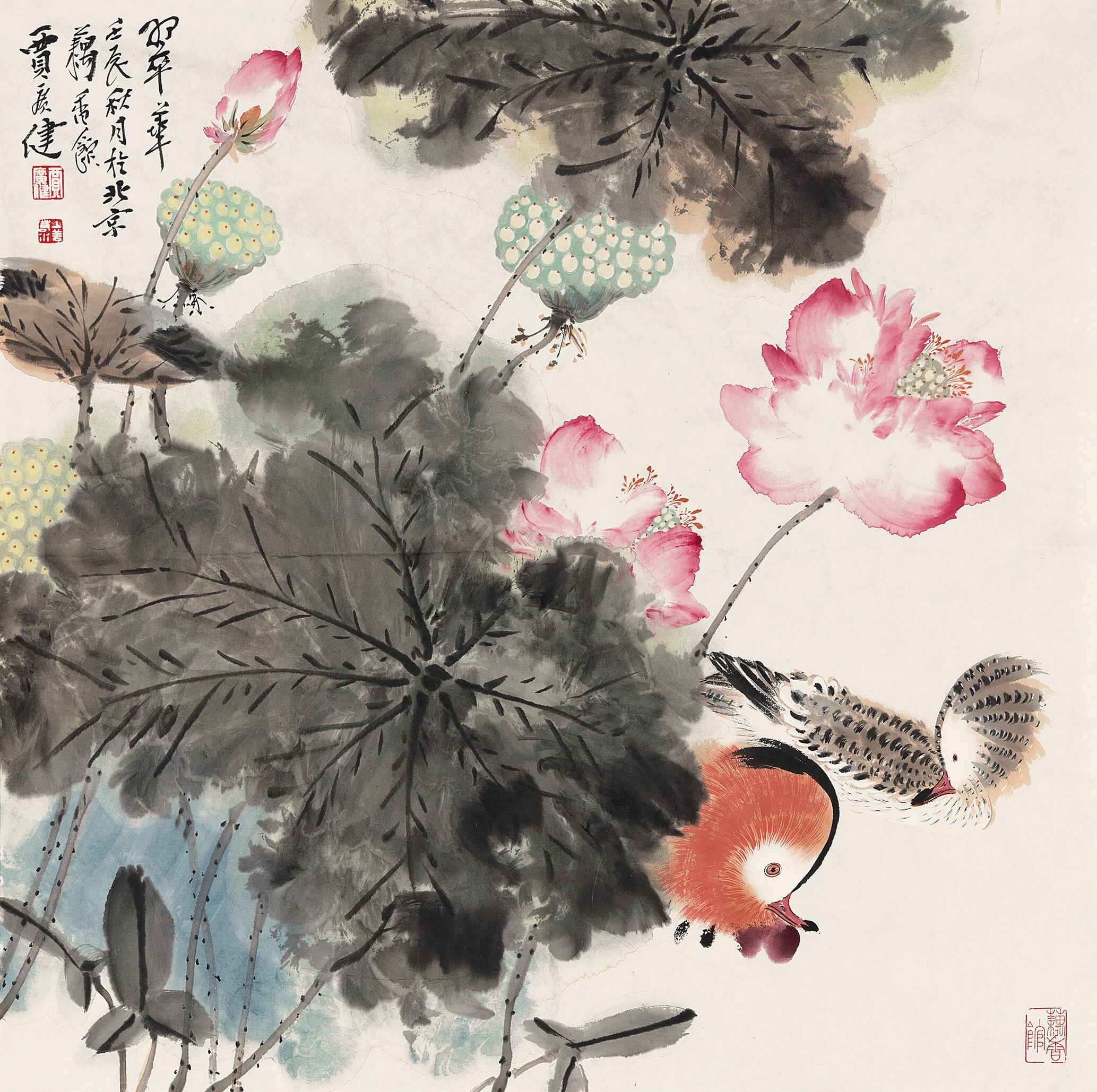 Artwork by Jia Guangjian, Lotus and Mandarin Ducks, Made of Ink and color on paper