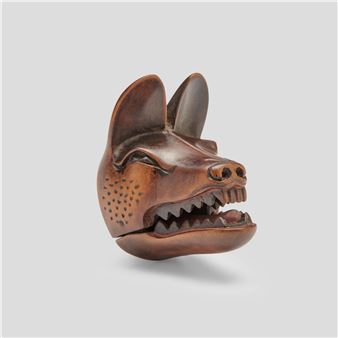 A wood mask netsuke of fox - Deme Uman