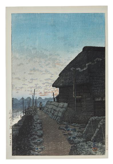 An oban tate-e print entitled Morigasaki no sekiyo (Sunset at Morigasaki) by Hasui Kawase, dated 1932