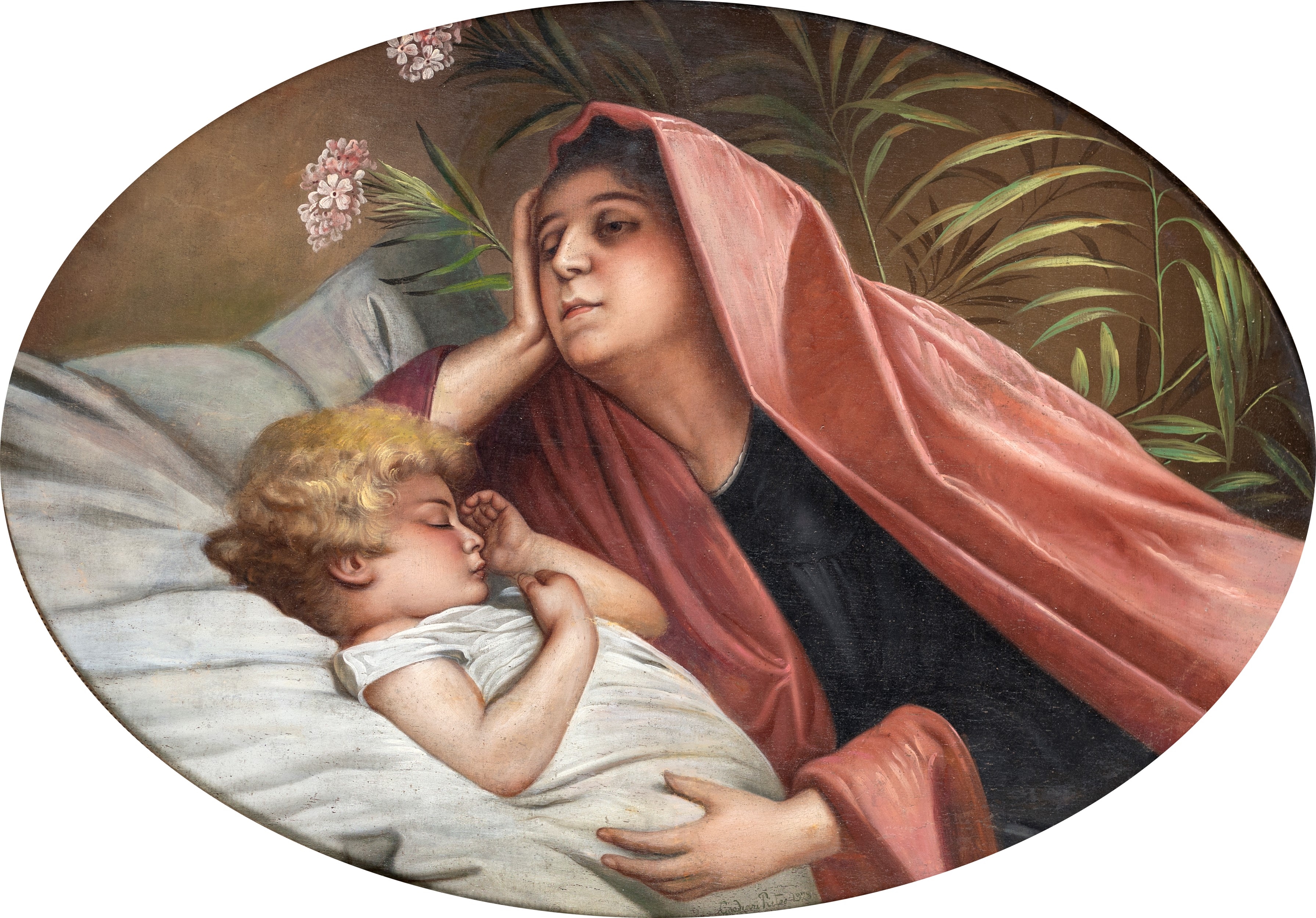Artwork by Pietro Gaudenzi, Maternità, Made of Oil on oval canvas