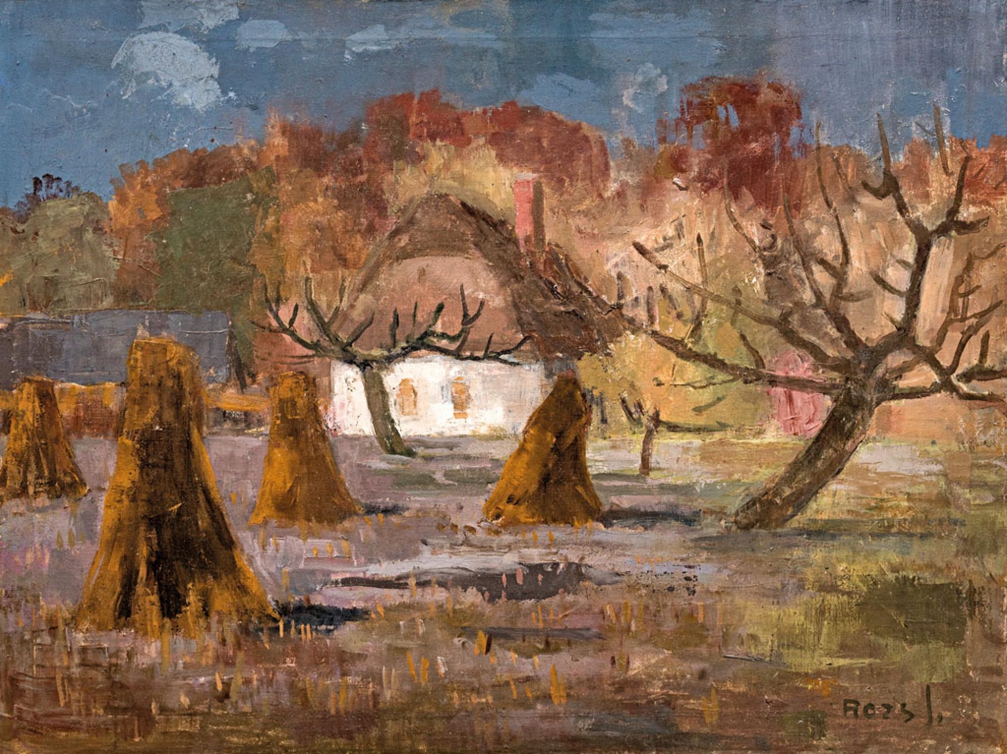 Artwork by János Rozs, Village detail, Made of oil on canvas