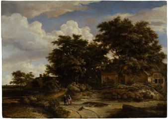 A wooded landscape with figures conversing on a path, a cottage beneath oak trees beyond - Meindert Hobbema