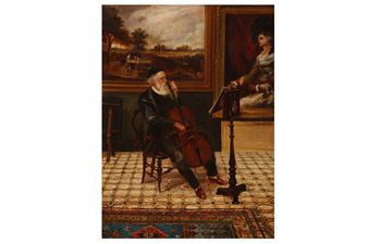 A gentleman seated in a gallery playing a Cello traditionally held to be G F Watts at Little Holland House - Miss E. E. Searle