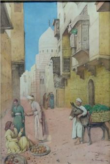 Arabische Händler mit Früchten und einem Esel im Verkaufsgespräch - Enrico Tanghi