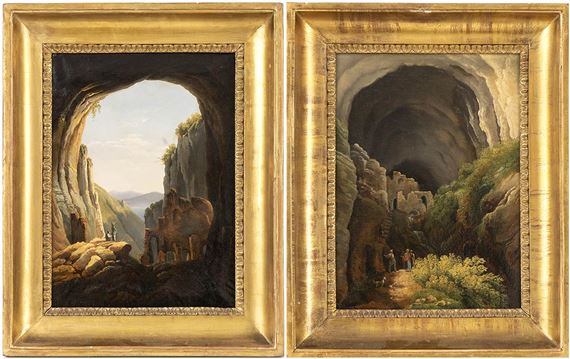 Two Works: a) View of a large cave with figures, vegetation and ruins; b) View from inside the cave with a gorge and reliefs in the background by Roman School, 19th Century