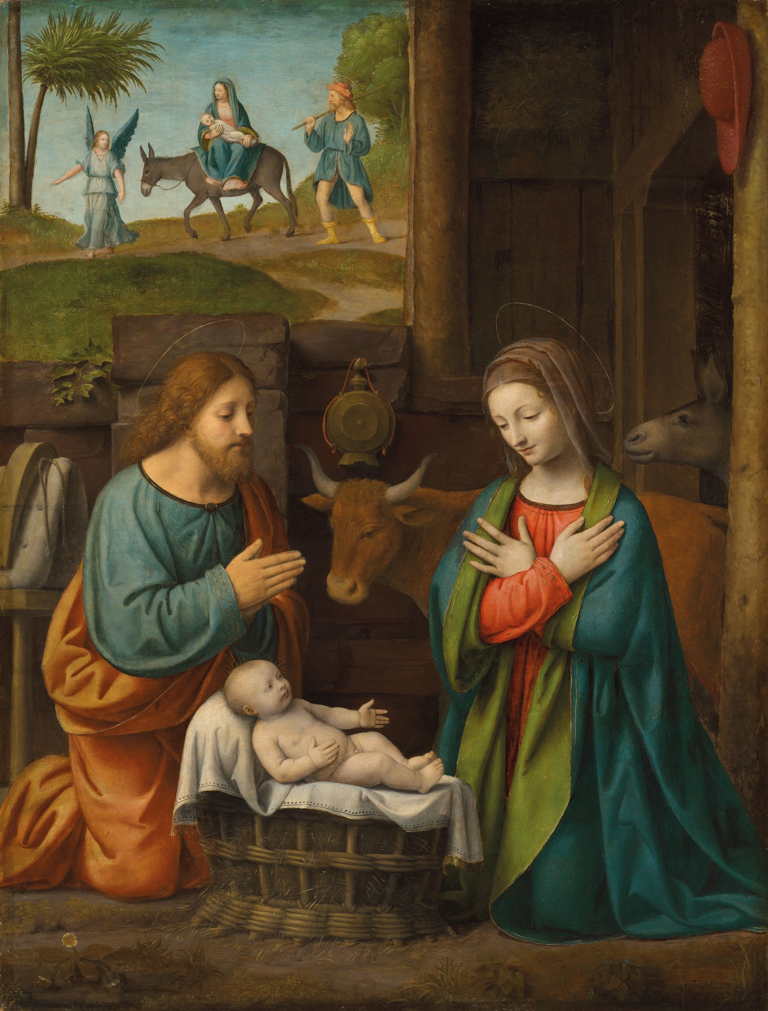 Artwork by Bernardino Luini, The Nativity, with the Journey to Egypt beyond, Made of tempera and oil on panel