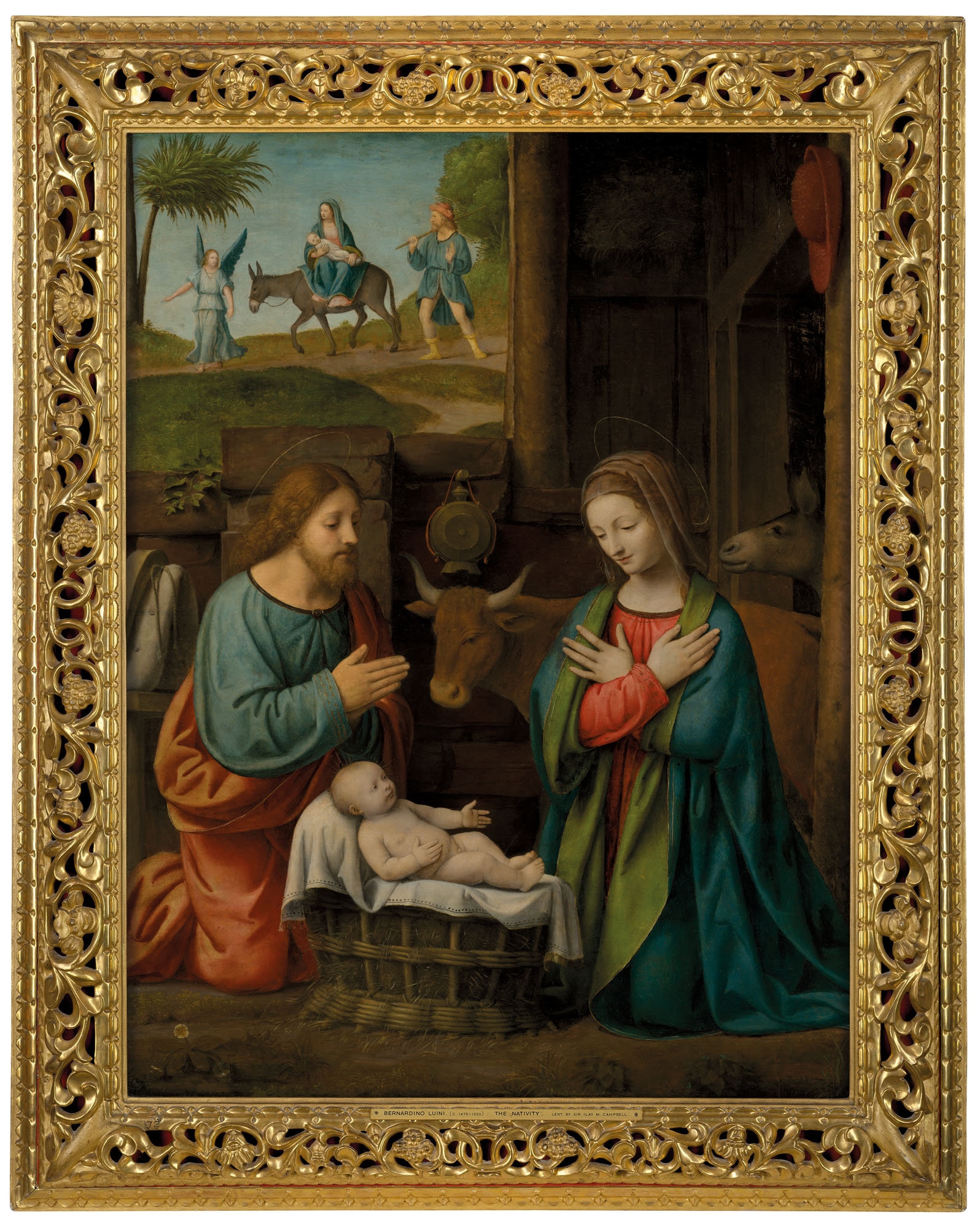 Artwork by Bernardino Luini, The Nativity, with the Journey to Egypt beyond, Made of tempera and oil on panel