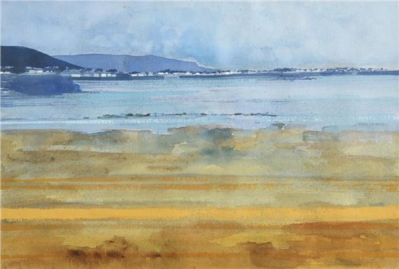 A watercolor seascape featuring a golden sandy beach, calm blue waters, and distant hills under an overcast sky.