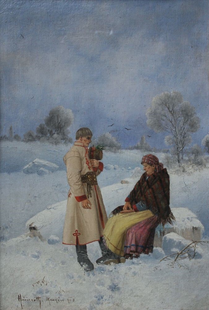 Krakowiacy w zimowym pejzażu by Karol Heimroth, 1908