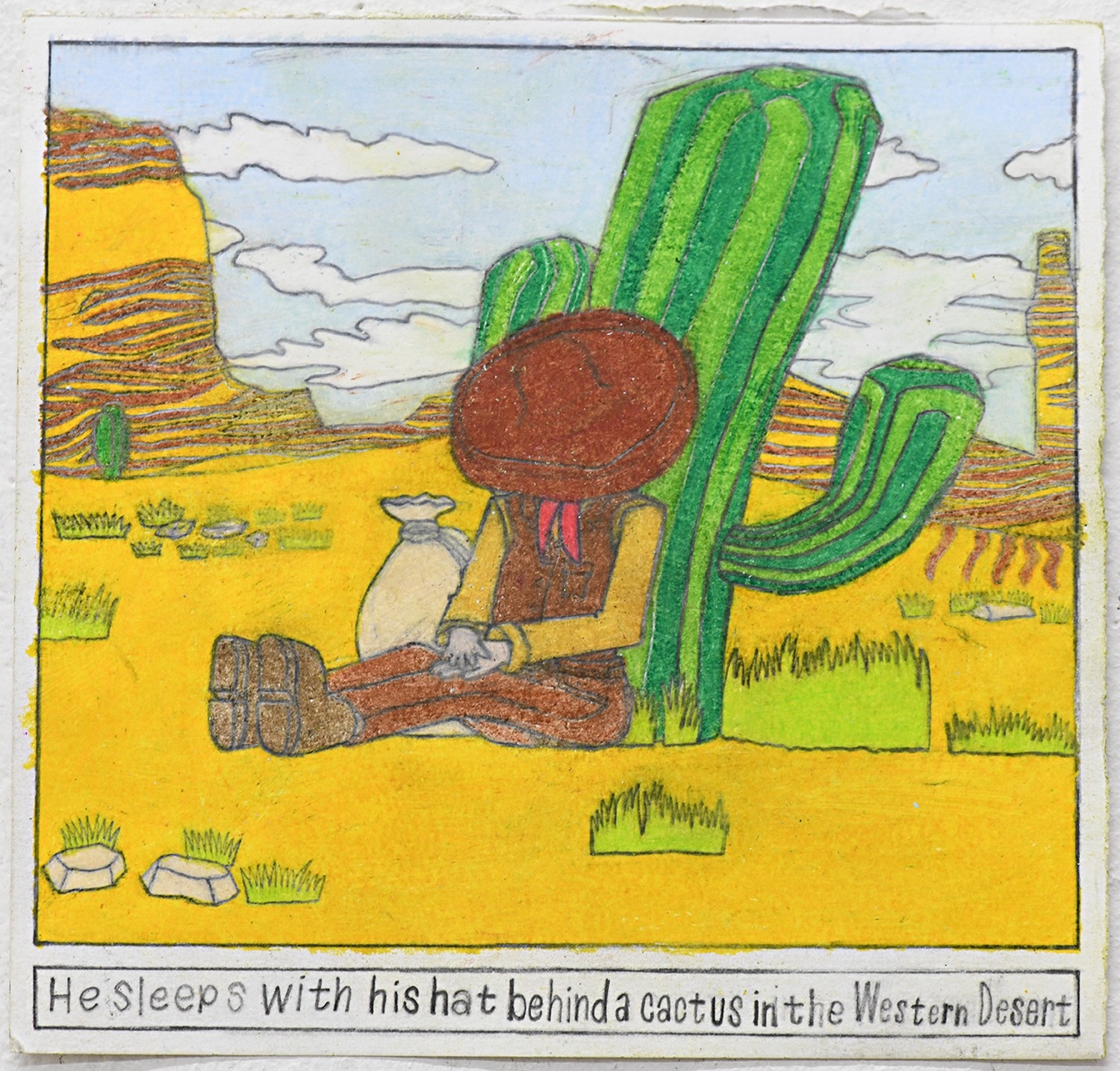 Artwork by Samraing Chea, He Sleeps With His Hat Behind a Cactus in the Western Desert, Made of colour pencil on paper