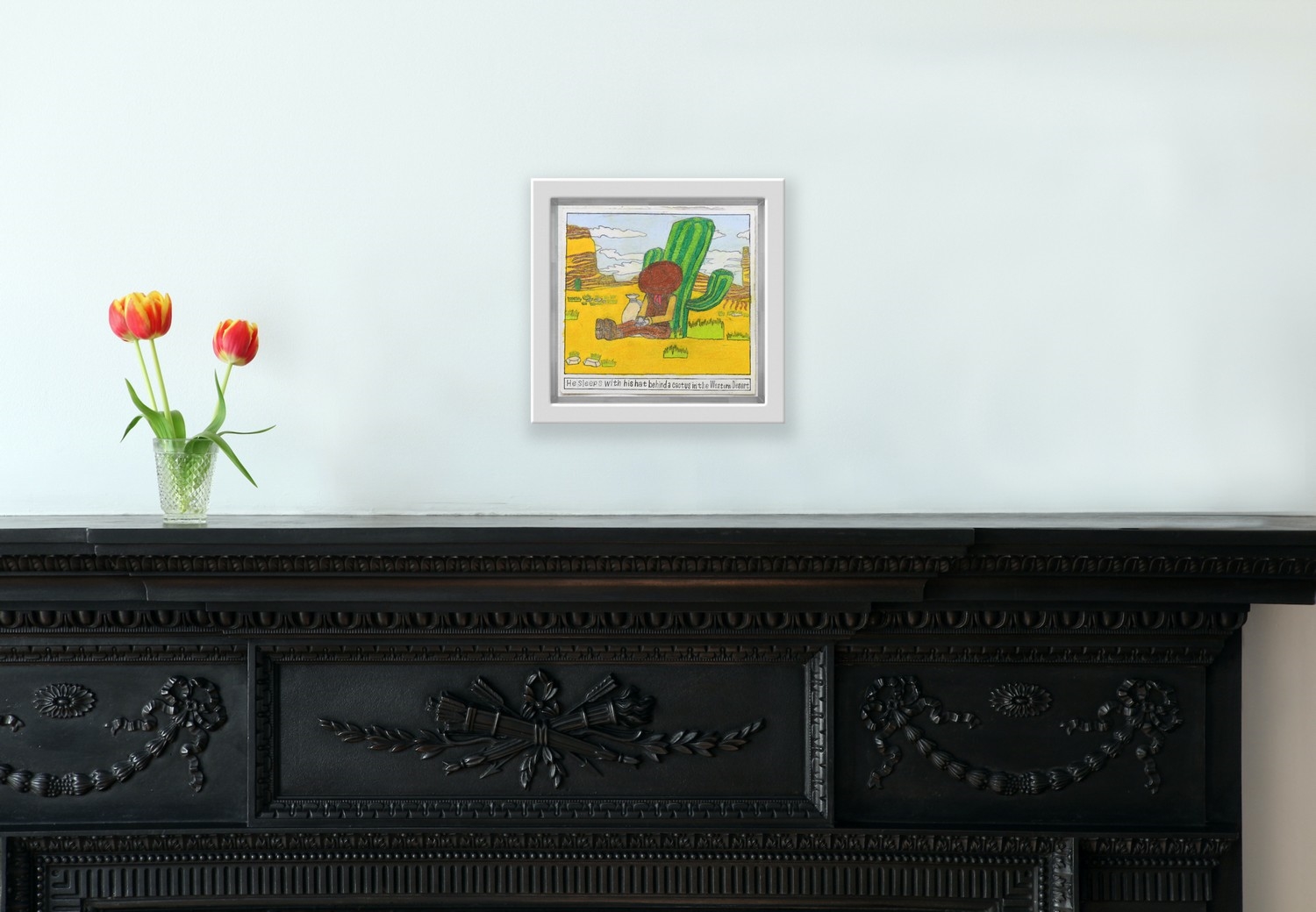 Artwork by Samraing Chea, He Sleeps With His Hat Behind a Cactus in the Western Desert, Made of colour pencil on paper