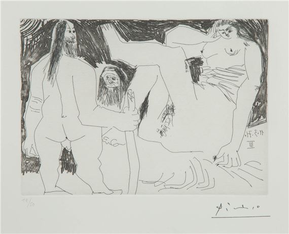 A black and white drawing of a group of people.