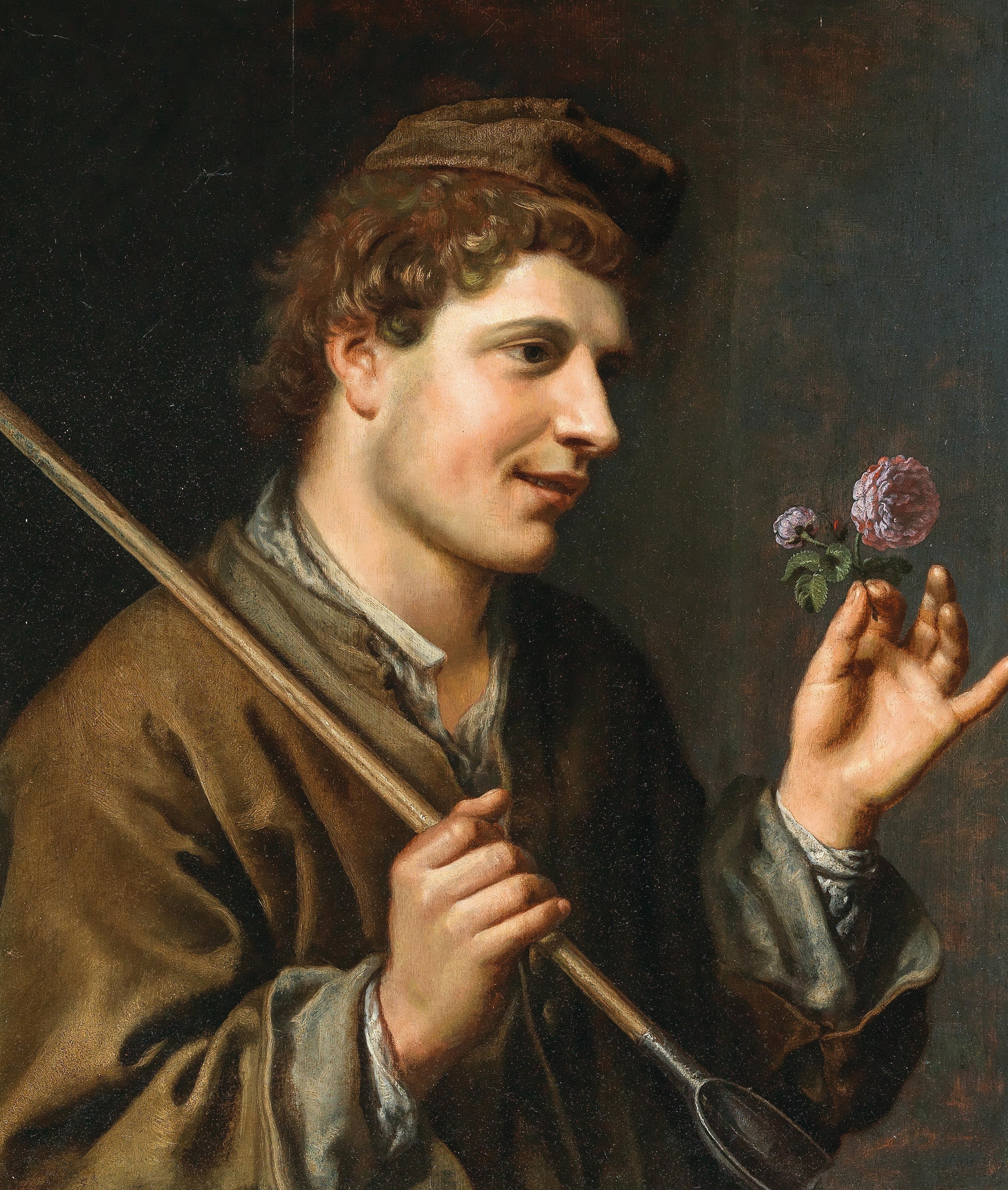 Artwork by Johannes Baeck, A shepherd holding a staff and a rose, Made of oil on panel