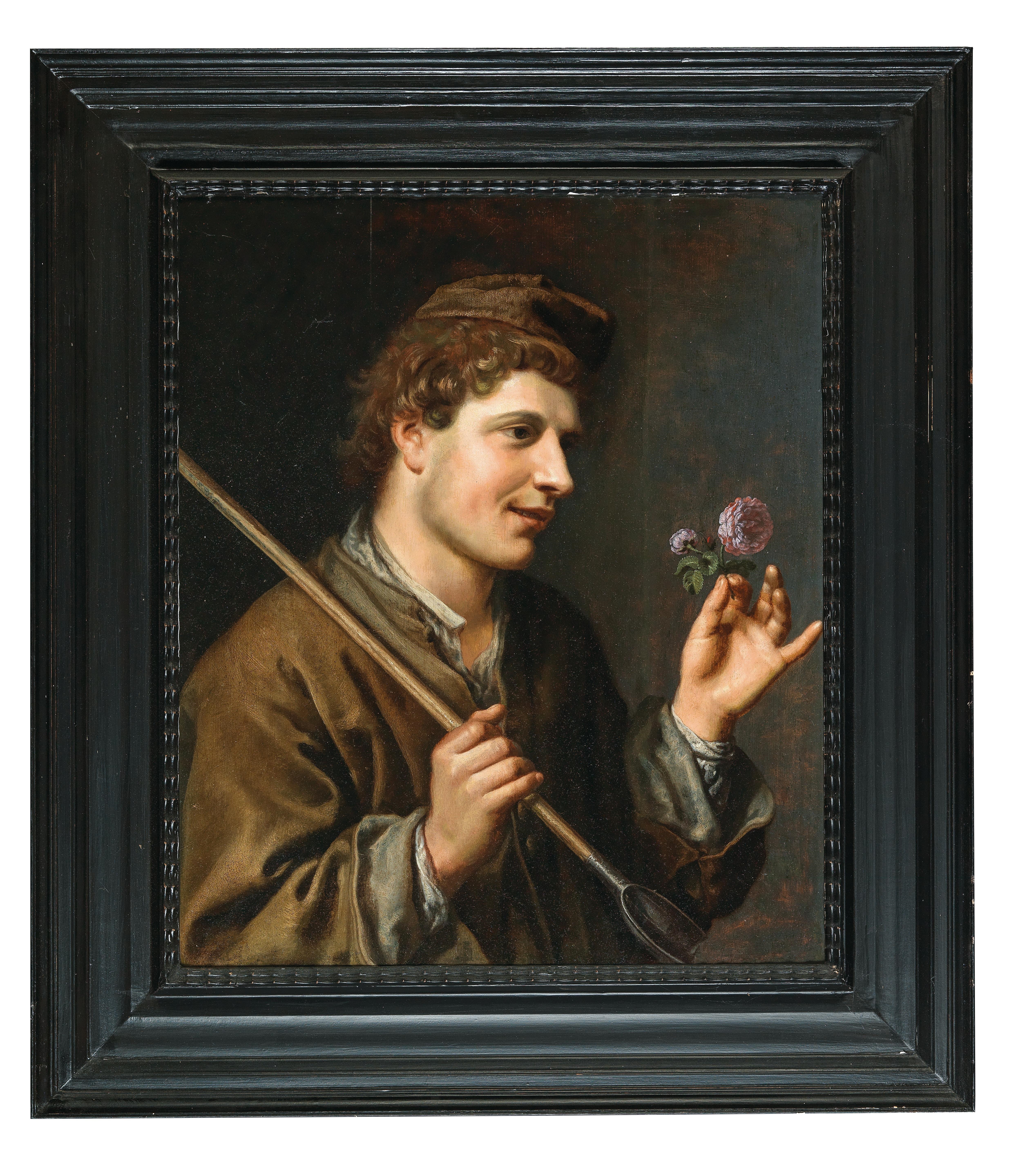 Artwork by Johannes Baeck, A shepherd holding a staff and a rose, Made of oil on panel