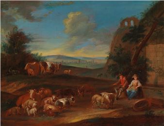 An Italianate landscape with shepherds and Roman ruins by Albert Christoph Dies, 1798