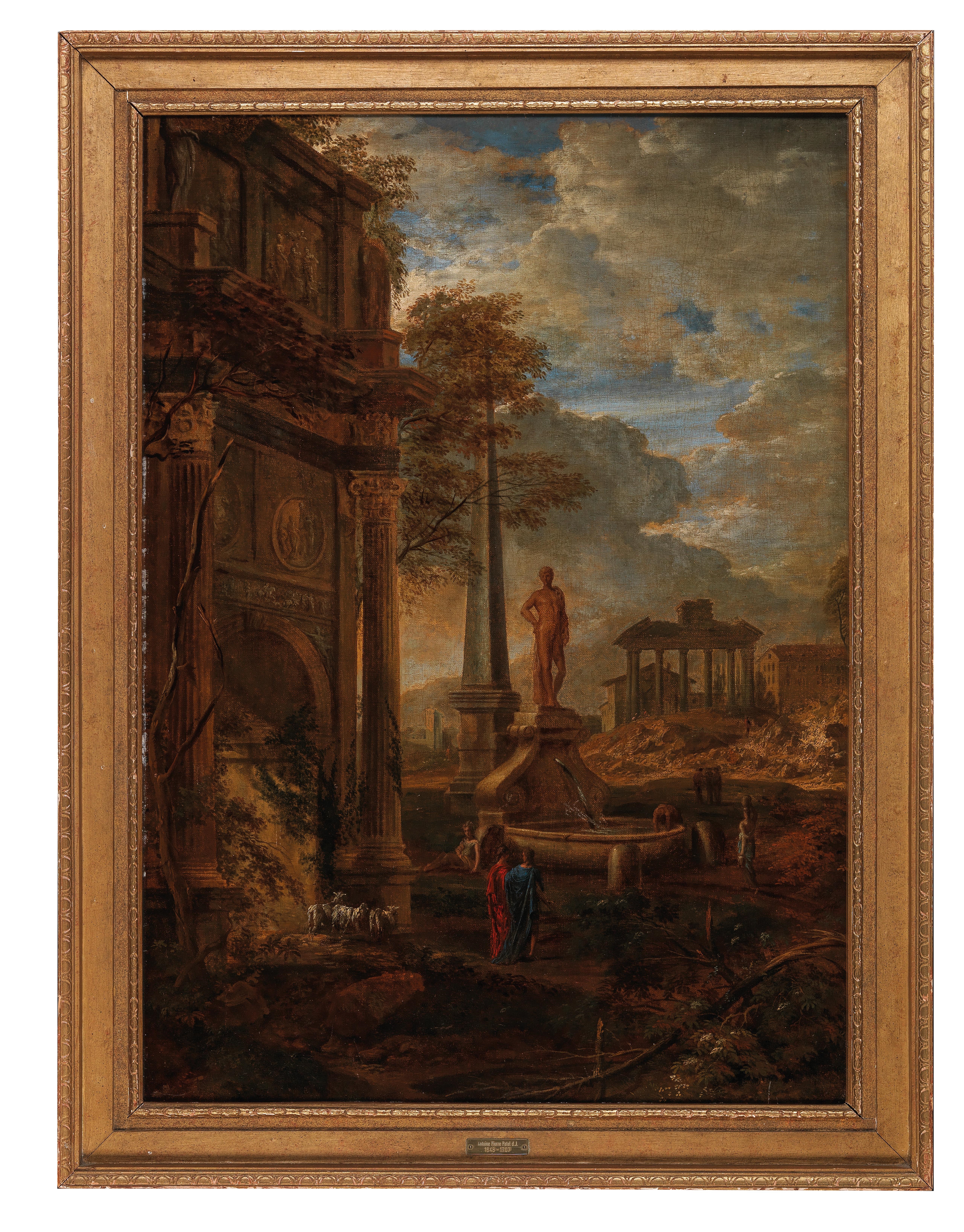 Artwork by Pierre Antoine Patel, A classical landscape with figures and Roman ruins, Made of oil on canvas