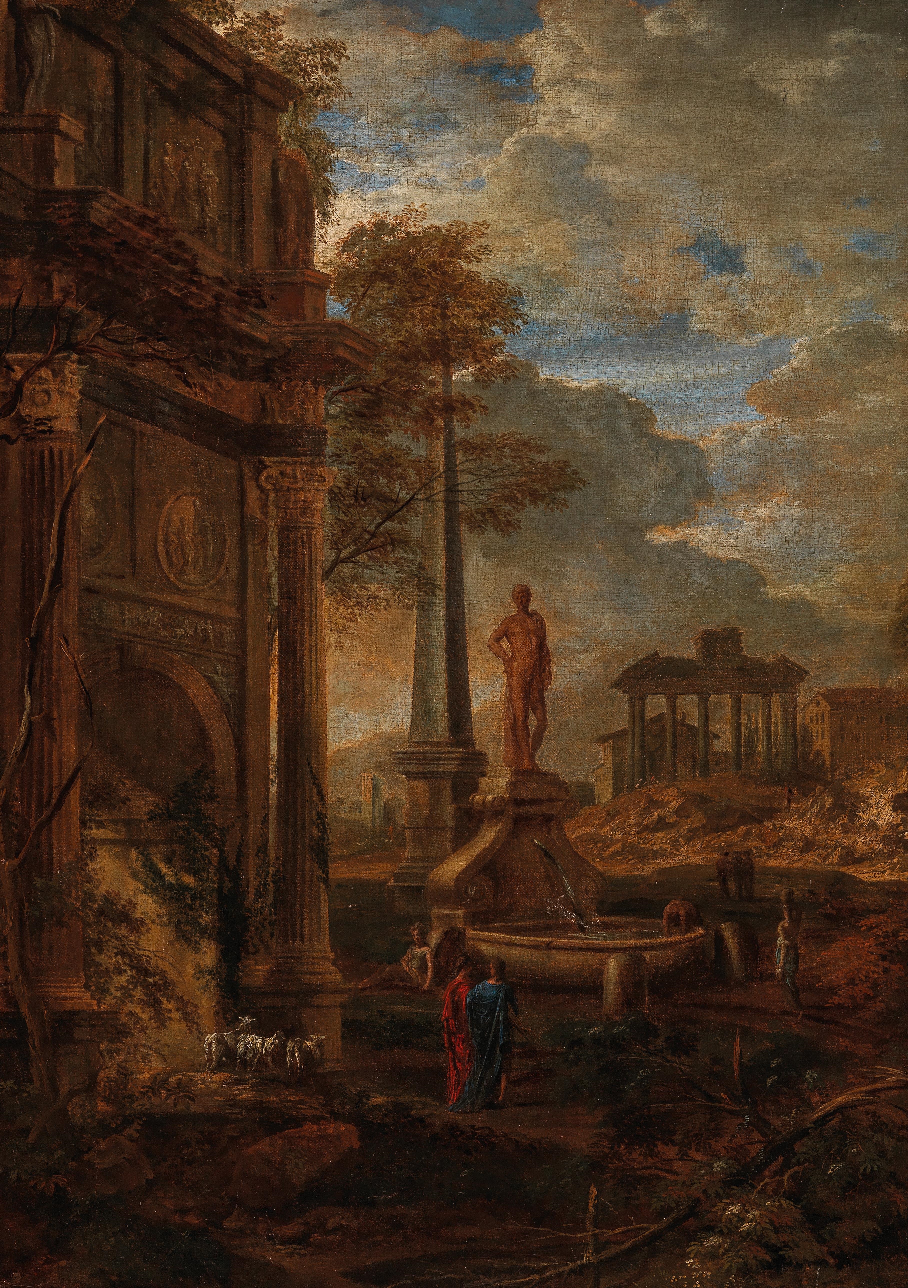 Artwork by Pierre Antoine Patel, A classical landscape with figures and Roman ruins, Made of oil on canvas