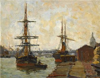An atmospheric harbor scene featuring tall masted ships against a hazy sky.