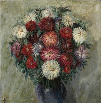 Floral still life in a blue vase - Jose Benito Bikandi