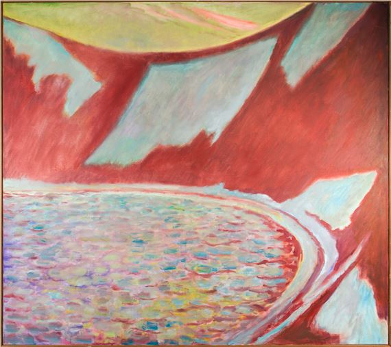 A vibrant abstract composition featuring a textured, colorful foreground against a bold red and blue background.