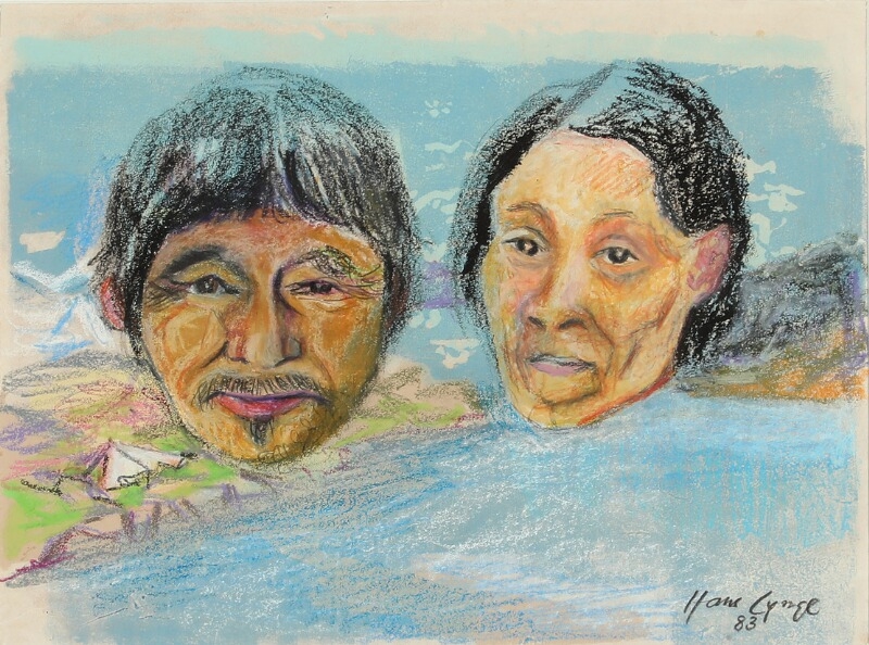 Artwork by Hans Lynge, Composition with faces, Made of Pastels on paper