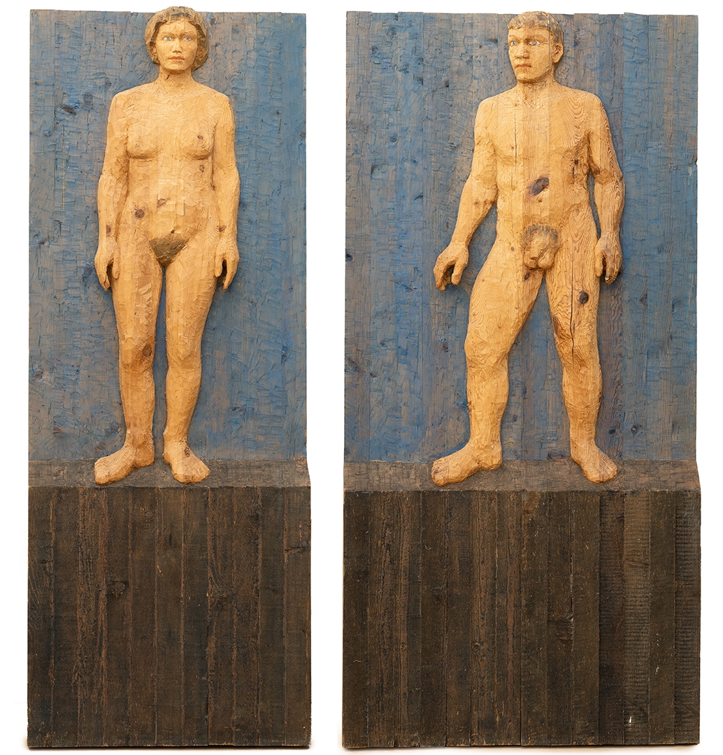 Artwork by Stephan Balkenhol, Two Works: Relief – Man and Woman, Made of Pine wood, painted