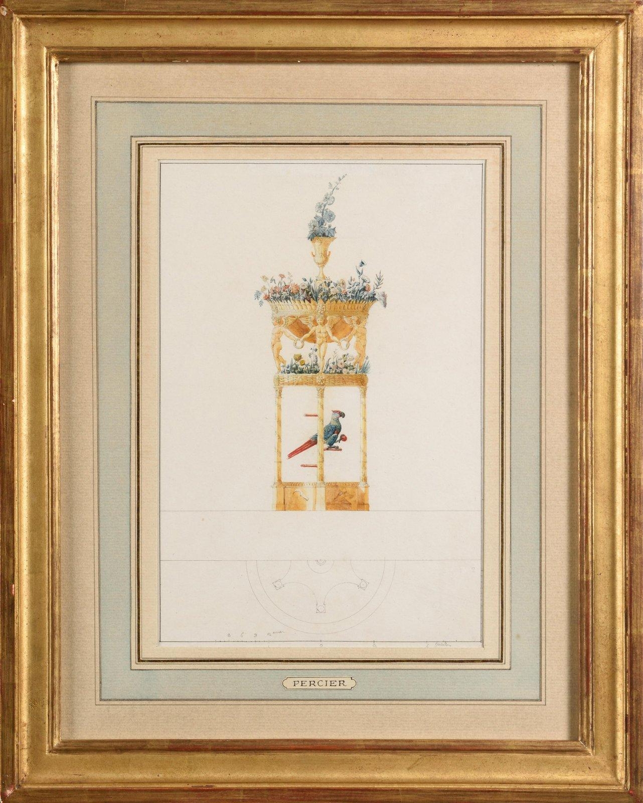 Artwork by Charles Percier, representing a project for a planter with a bird at the bottom, Made of Watercolour and pen
