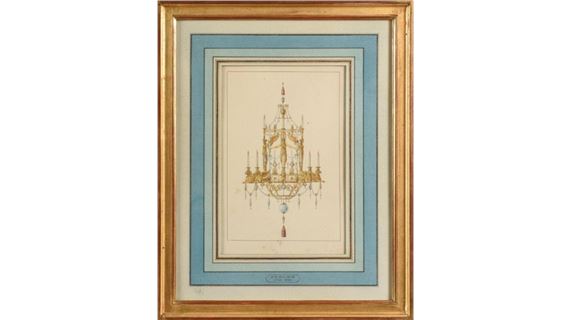 Original watercolour representing a project of chandelier by Charles Percier