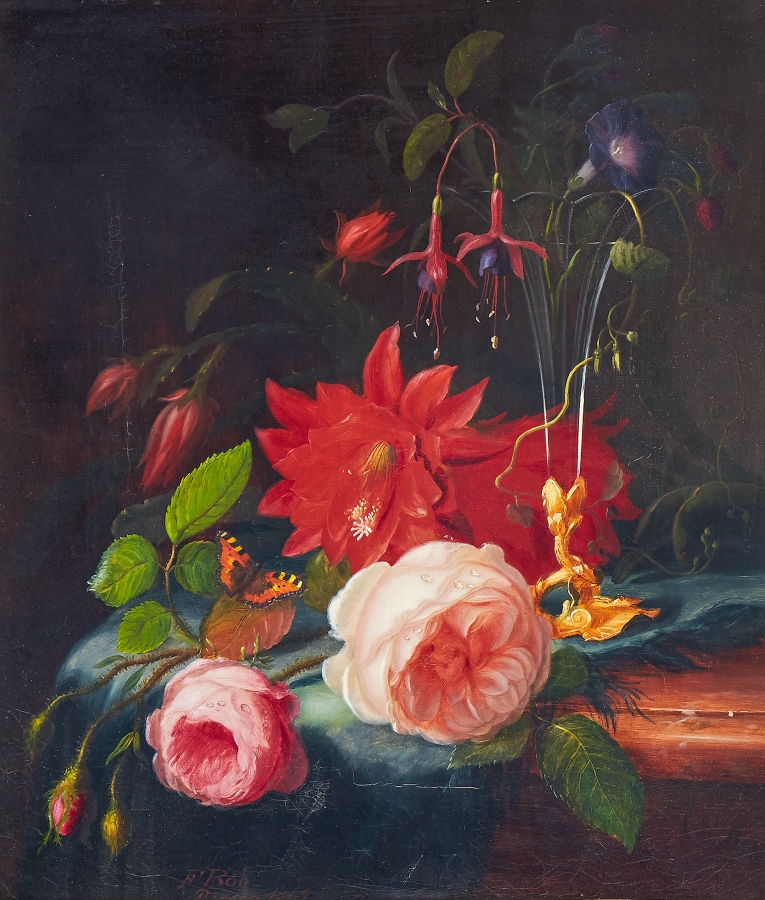 Flower still life with a butterfly by Frants Diderik Bøe, 1869